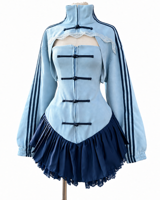 Chinese New Year Frog-Button Ruffle Mini Dress Set (2-Piece) Baby Blue