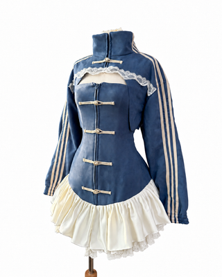 Chinese New Year Frog-Button Ruffle Mini Dress Set (2-Piece) Blue