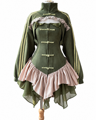 Chinese New Year Frog-Button Ruffle Mini Dress Set (2-Piece) Green