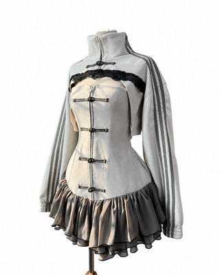 Chinese New Year Frog-Button Ruffle Mini Dress Set (2-Piece) Grey