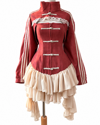Chinese New Year Frog-Button Ruffle Mini Dress Set (2-Piece) Red