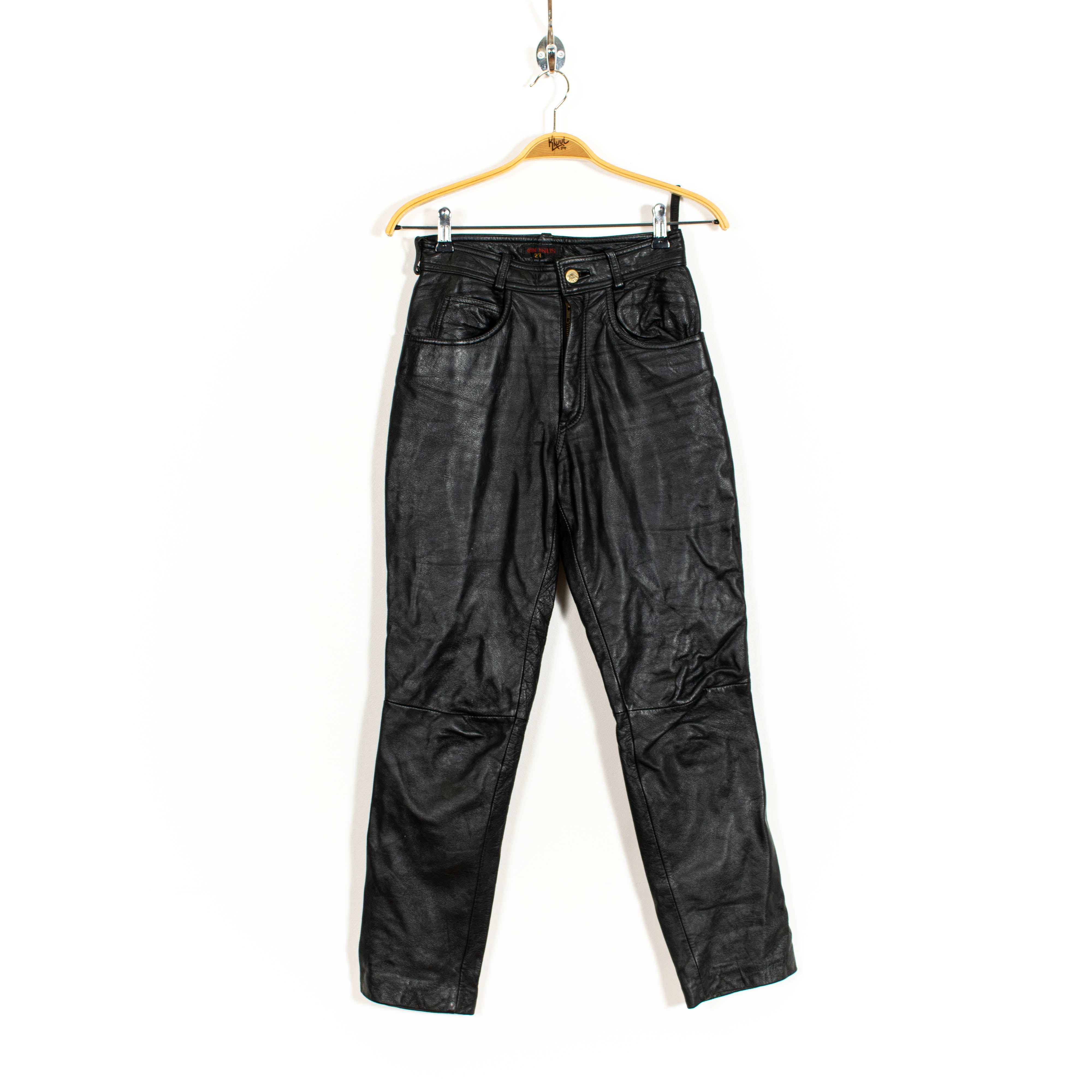 Linus Genuine Black Leather Carrot Fit Zip Up Pants Mens US26