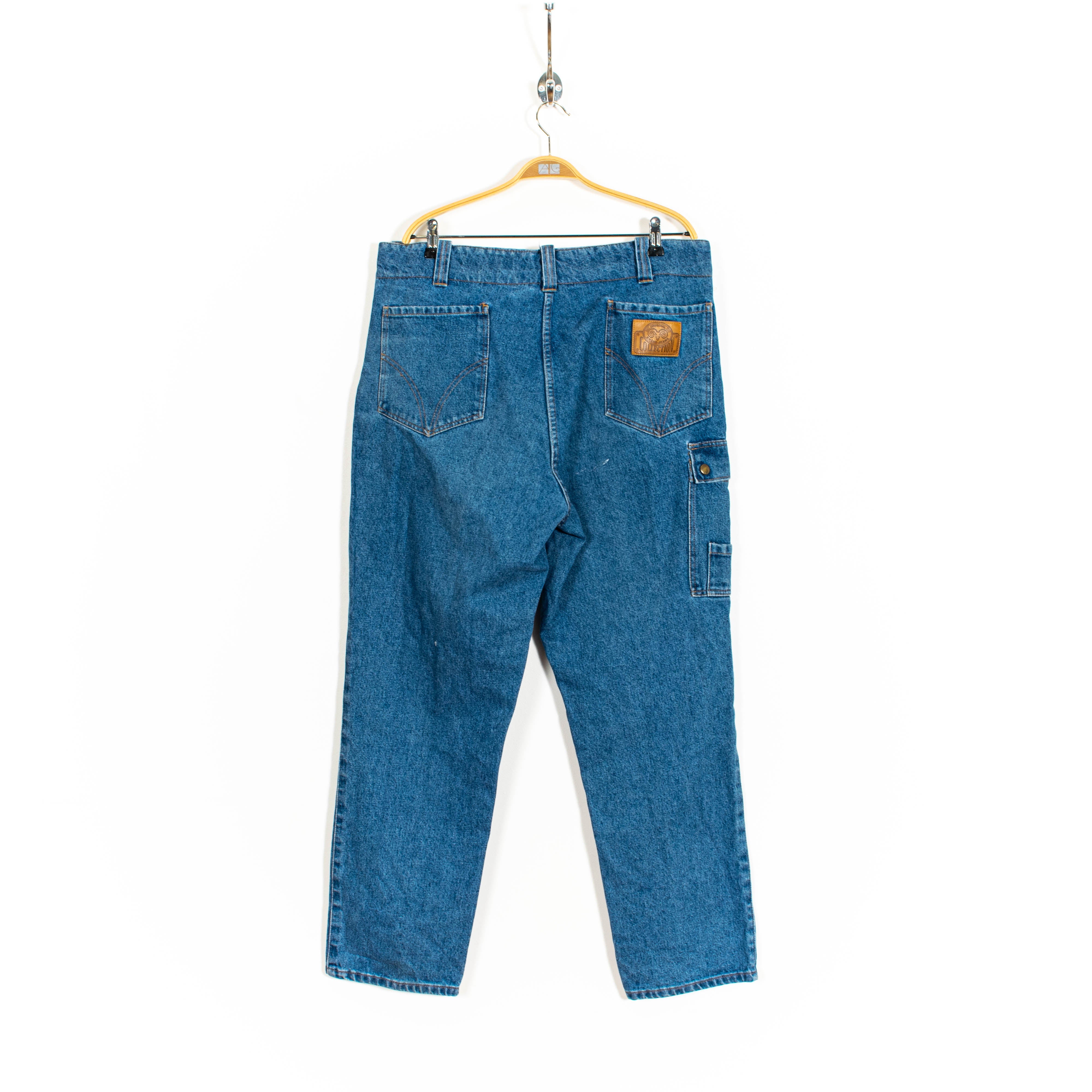 Krähe Medium Washed Straight Leg Zip Up Leather Details Jeans Mens US37
