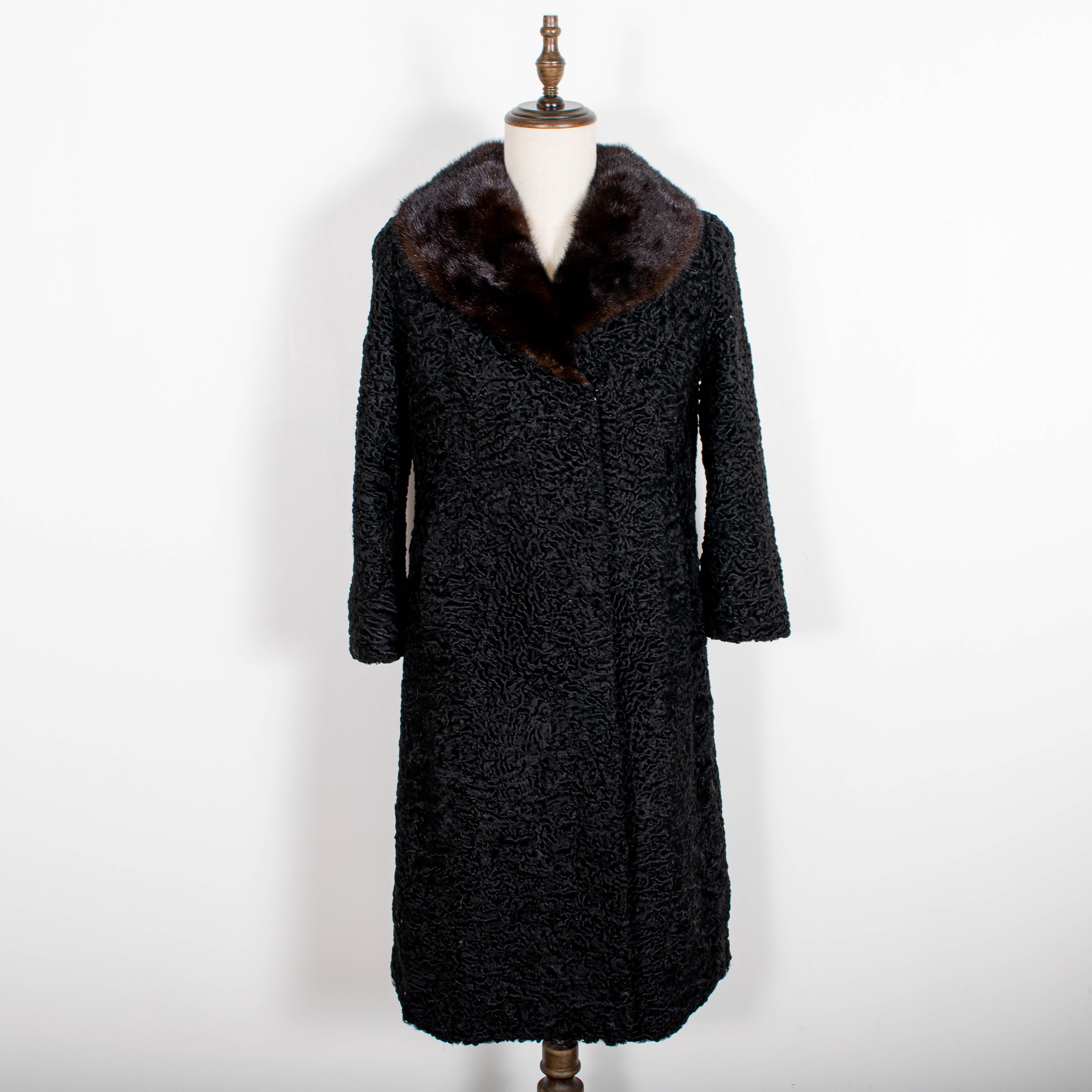 Vintage Mink Fur Trim Black Persian Lamb Buttoned Coat Womens S