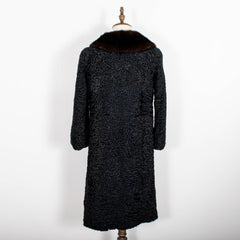 Vintage Mink Fur Trim Black Persian Lamb Buttoned Coat Womens S