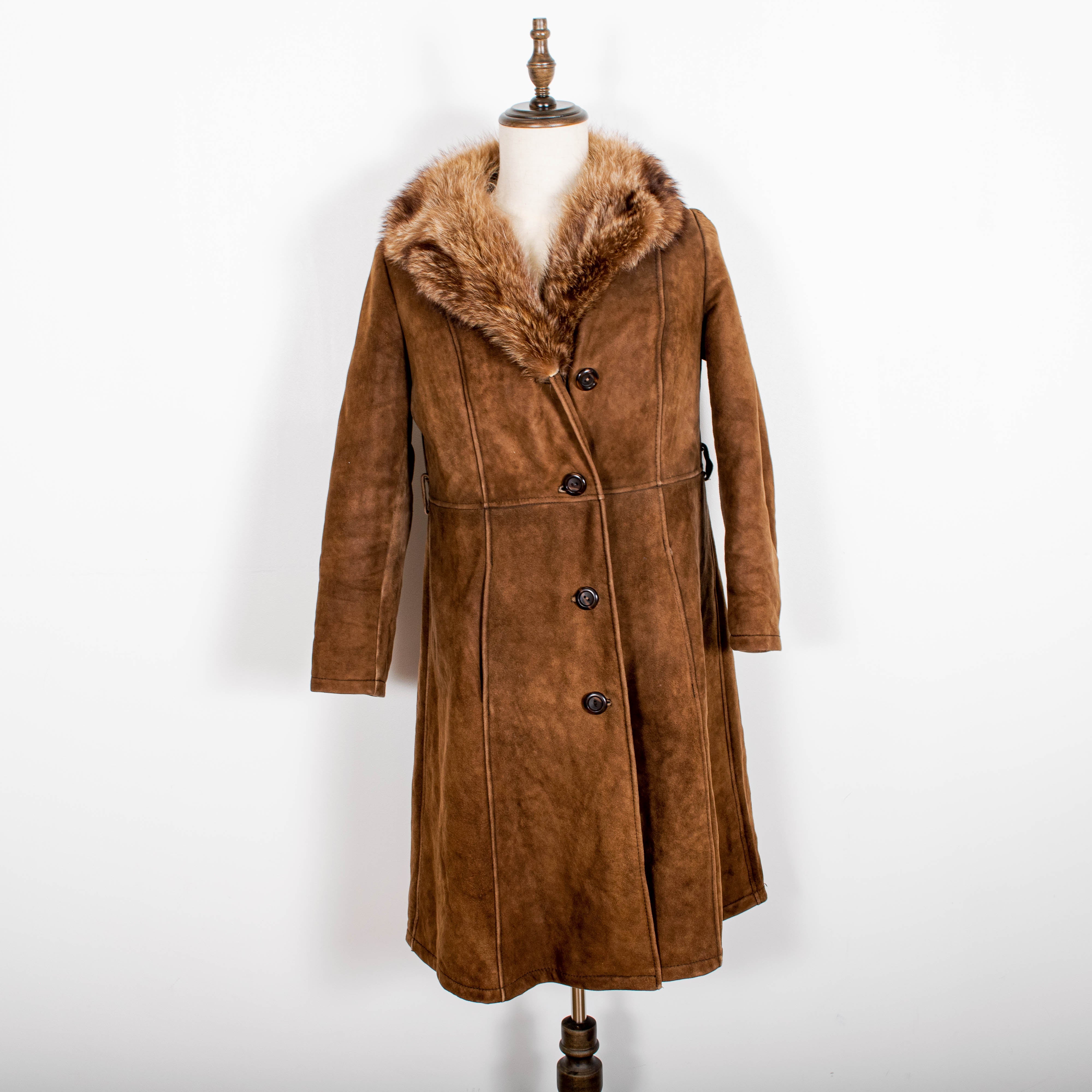 Vintage Brown Genuine Sheepskin Shearling Beaver Fur Trim Long Buttoned Overcoat Womens S