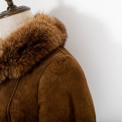 Vintage Brown Genuine Sheepskin Shearling Beaver Fur Trim Long Buttoned Overcoat Womens S
