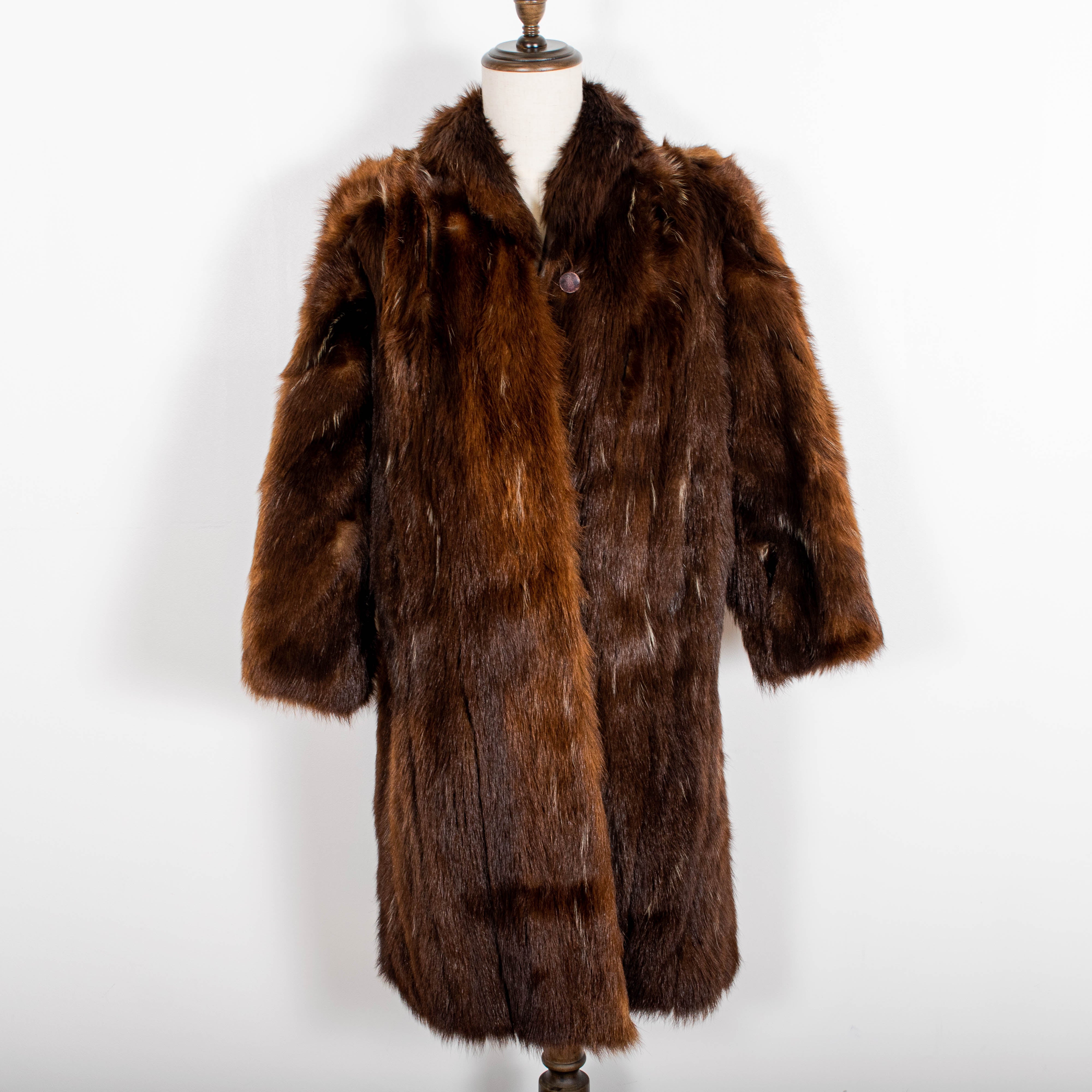 Vintage Genuine Brown Goat Fur Buttoned Long Coat Womens M
