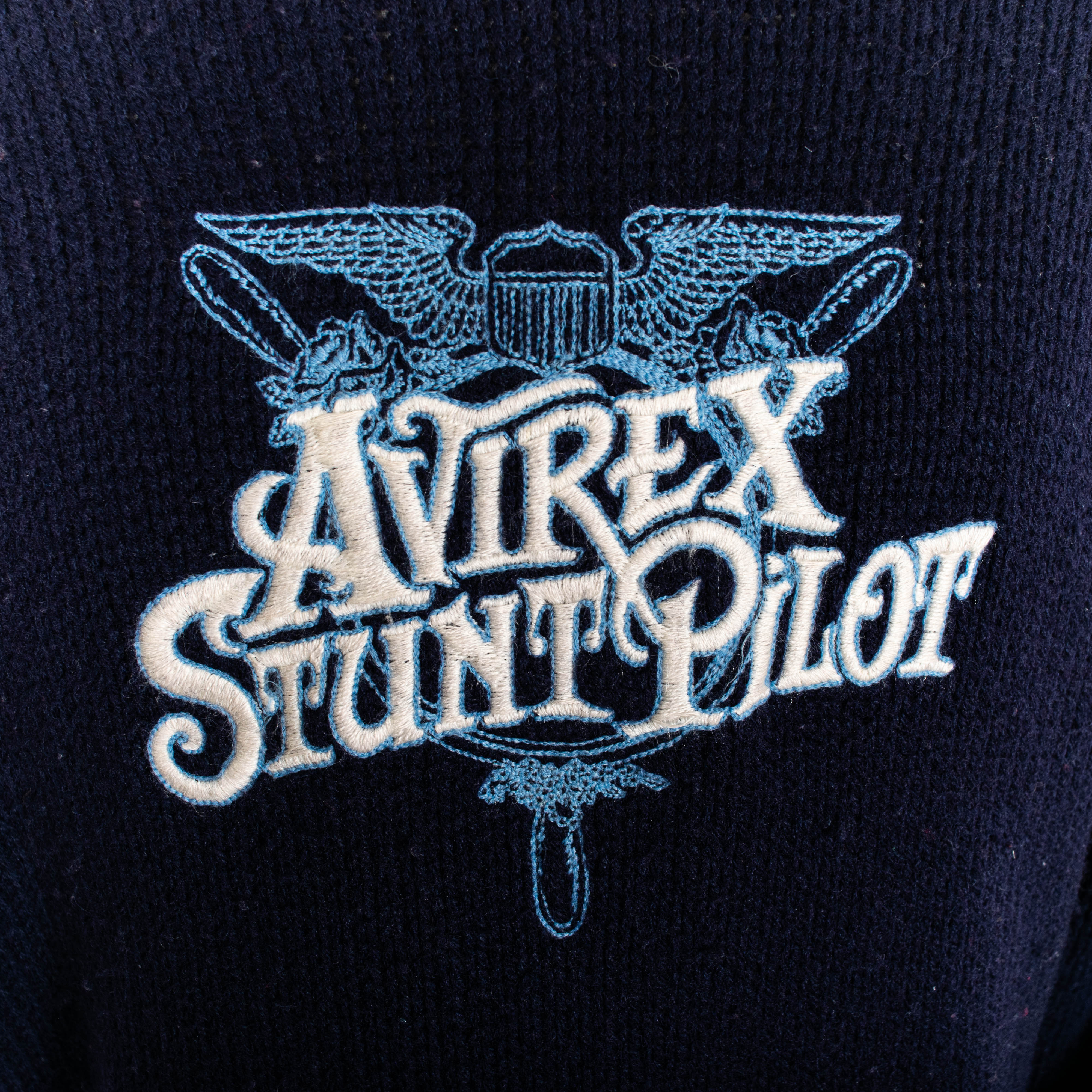 Vintage Avirex Stunt Pilot Embroidery Blue Pullover Wool Blend Knit Sweater Mens M