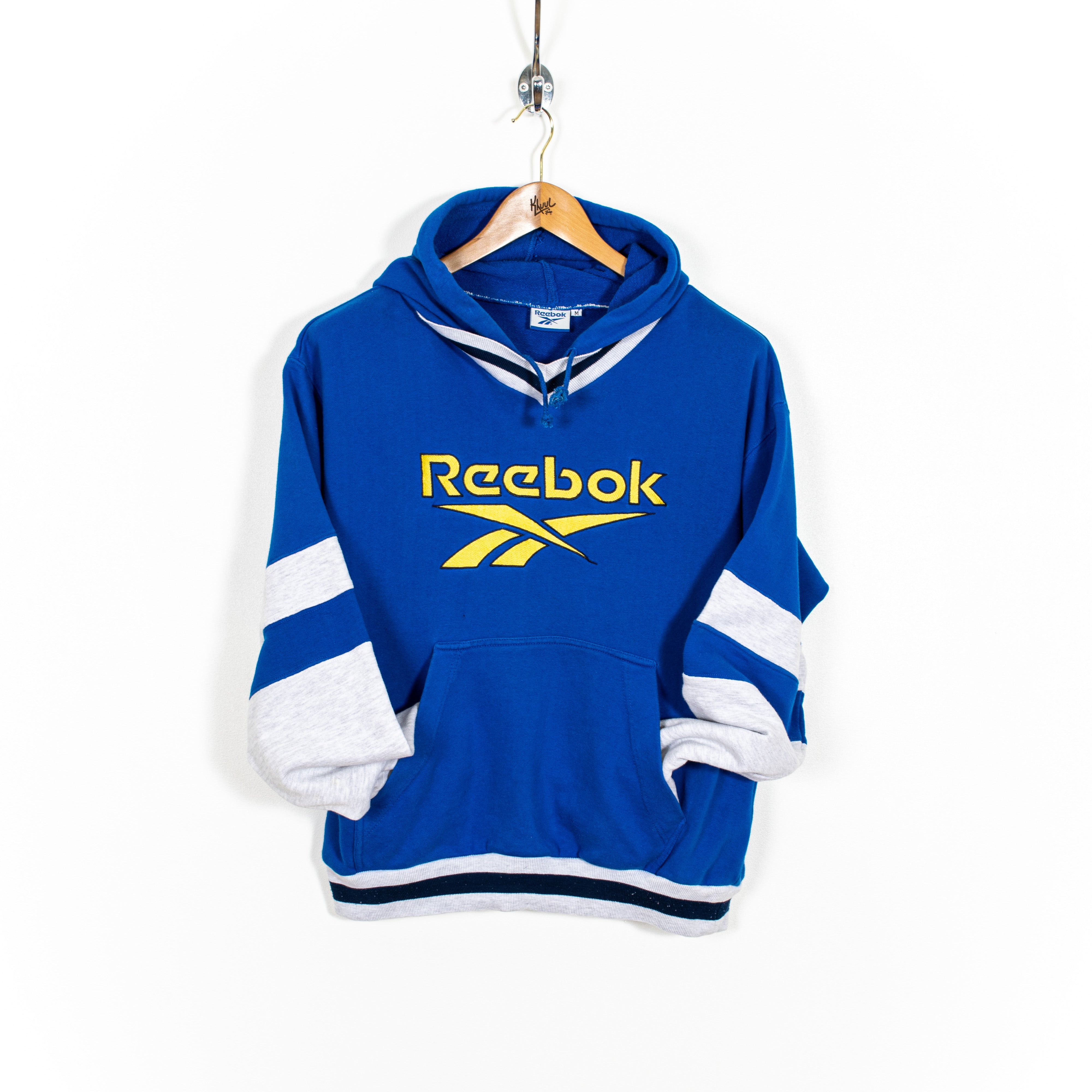 Reebok Big Yellow Front Logo Embroidery Vintage Striped Detail Blue Oversized Hoodie Men's M