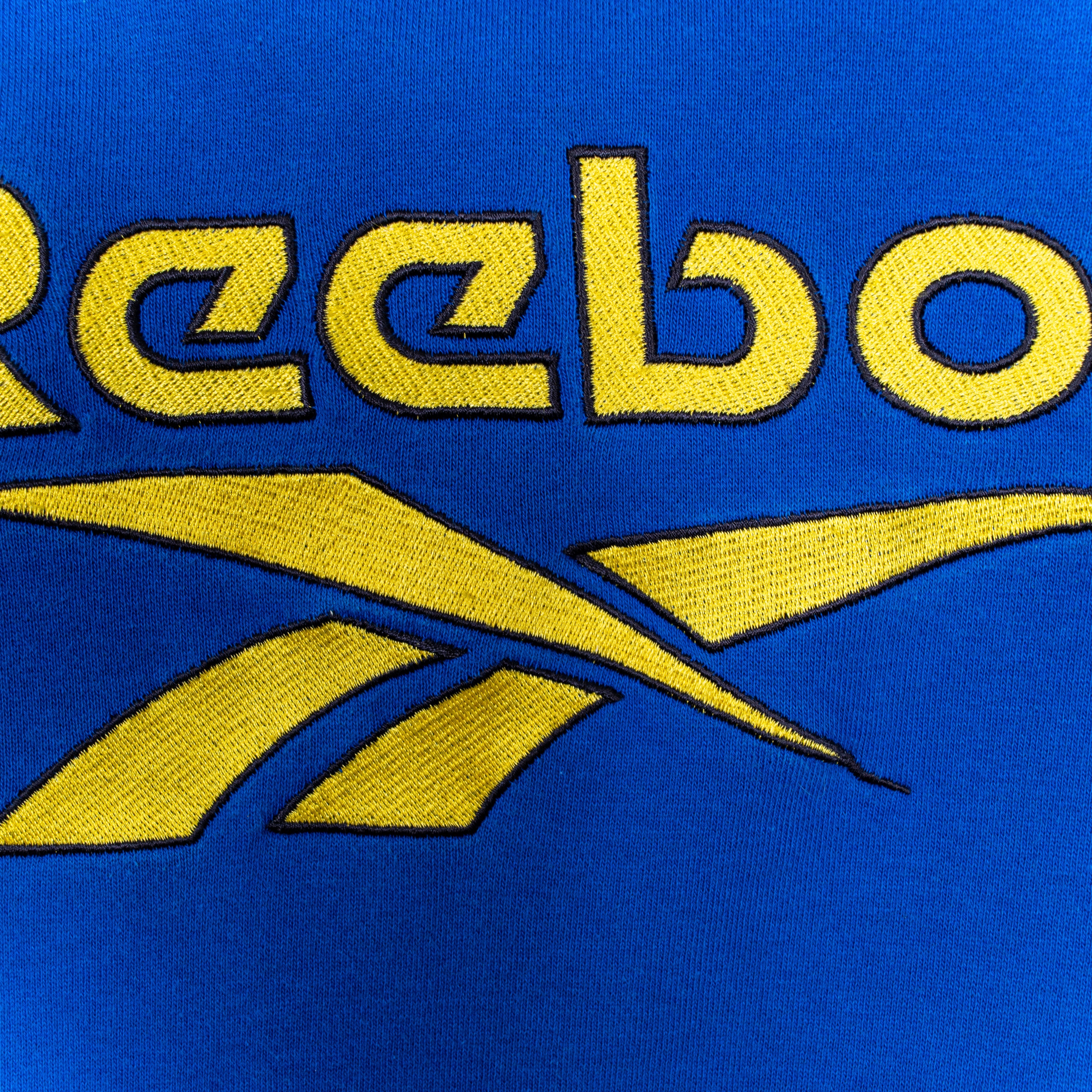 Reebok Big Yellow Front Logo Embroidery Vintage Striped Detail Blue Oversized Hoodie Men's M