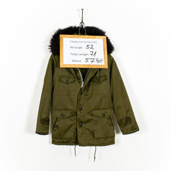Unidex Vintage Fur Collar Shearling Lining Zip Green Multipocket Parka Jacket Women's L