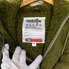 Unidex Vintage Fur Collar Shearling Lining Zip Green Multipocket Parka Jacket Women's L