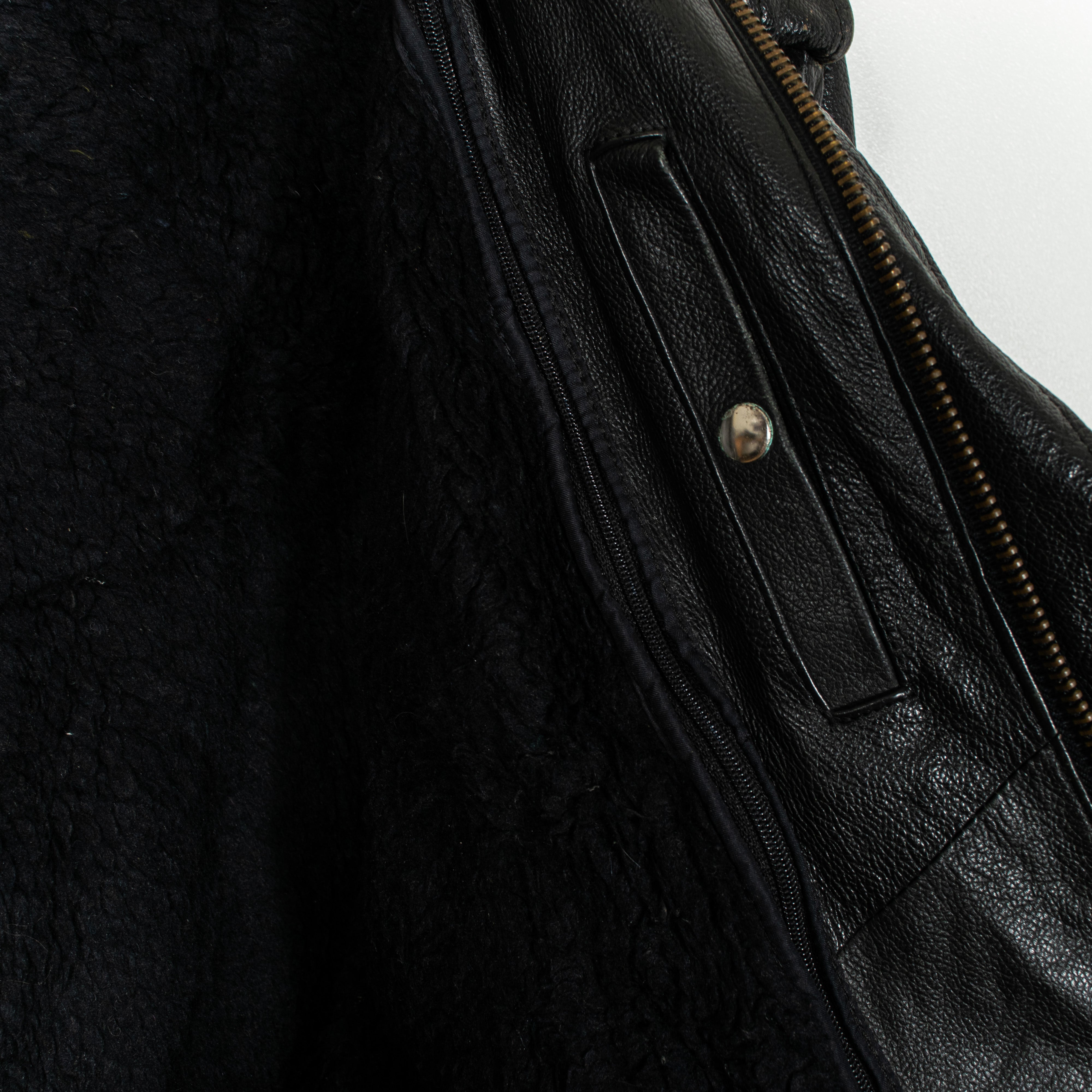 Vintage Faux Sherpa Trim Zip Insulated Shiny Black Genuine Leather Jacket Men's XL