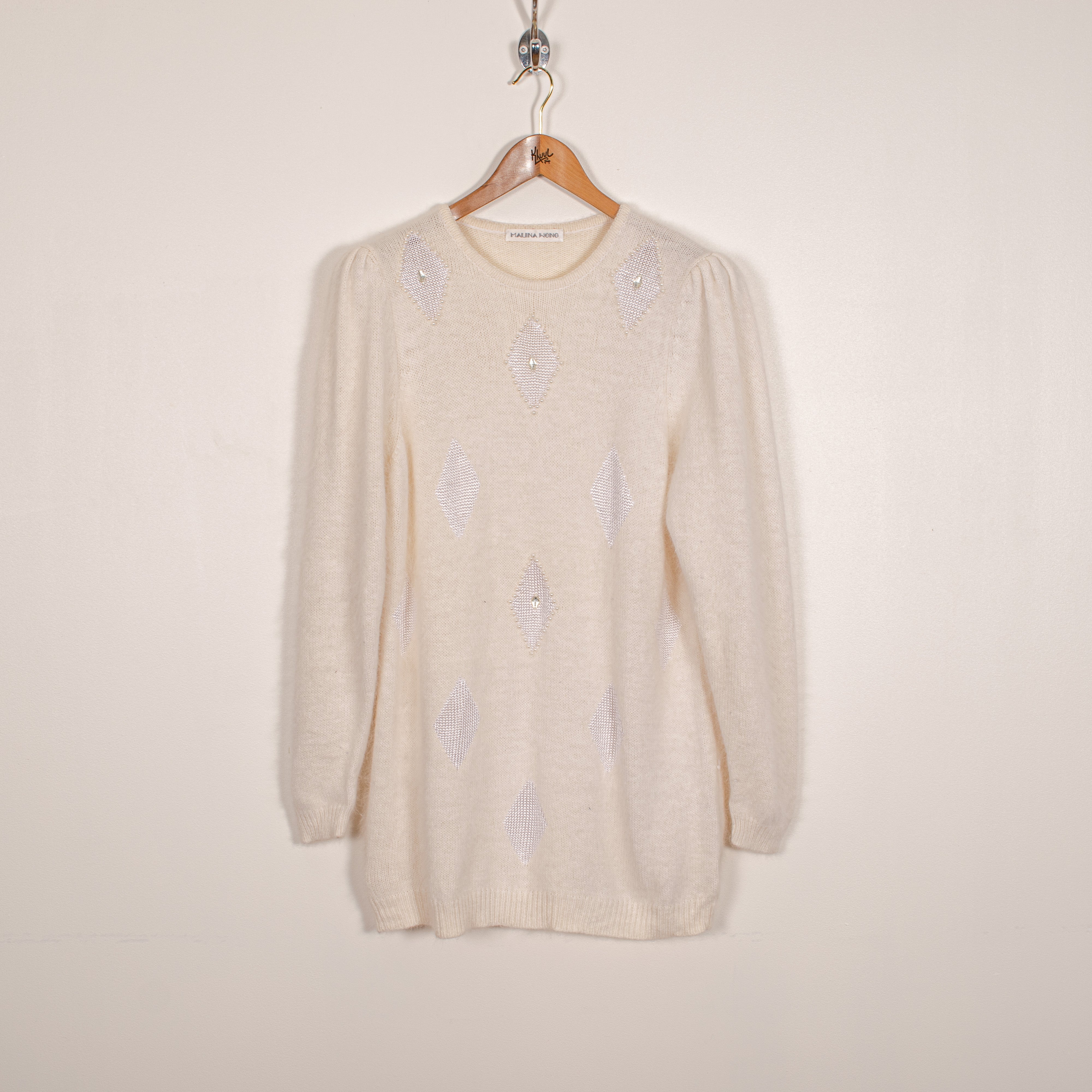 Malina Wong Vintage Angora Wool Blend Pearl Rhomb Pattern White Knit Sweater Women's XL