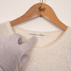 Malina Wong Vintage Angora Wool Blend Pearl Rhomb Pattern White Knit Sweater Women's XL