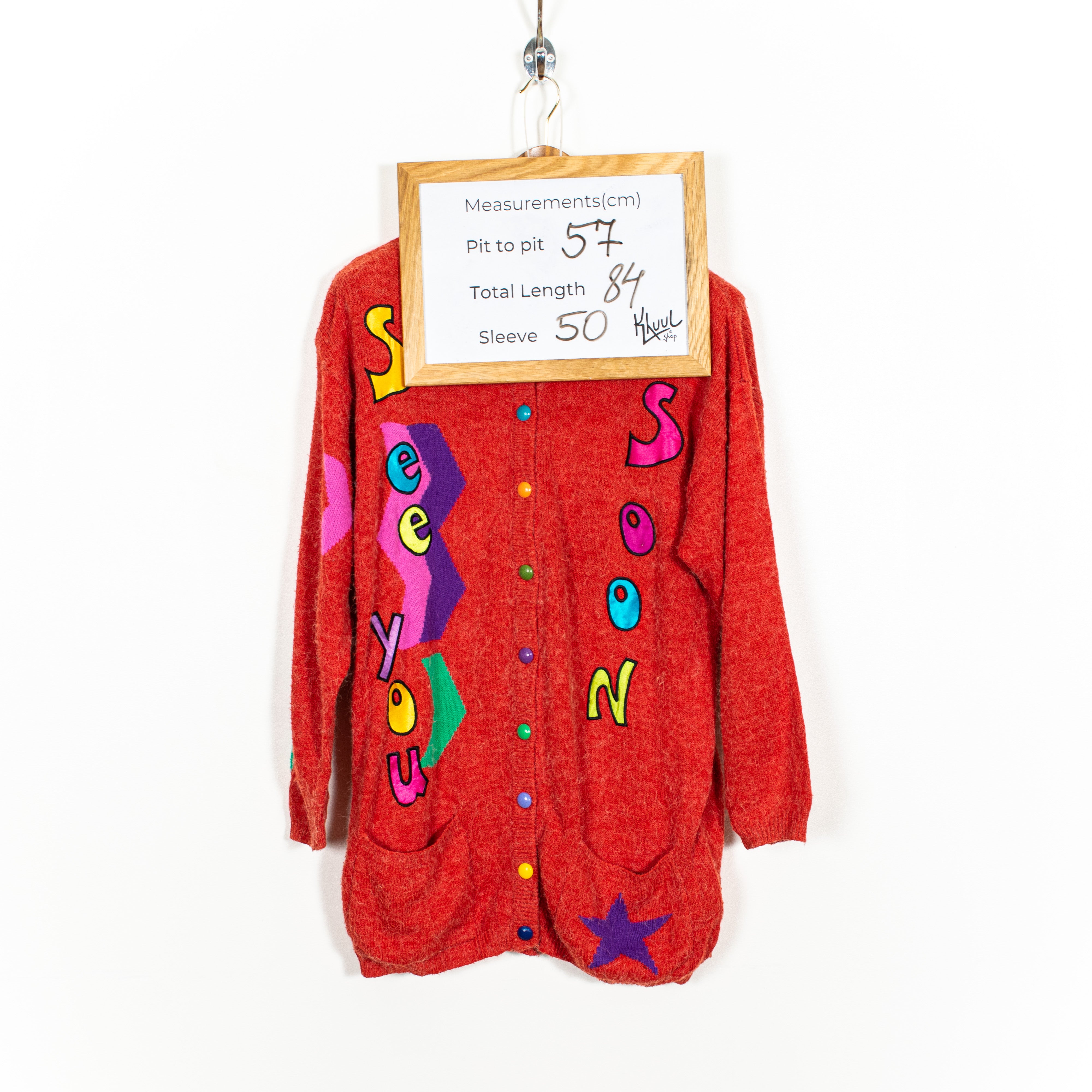 Vintage Colorful Print Pure Angora Wool Buttoned Red Long Cardigan Sweater Women's S