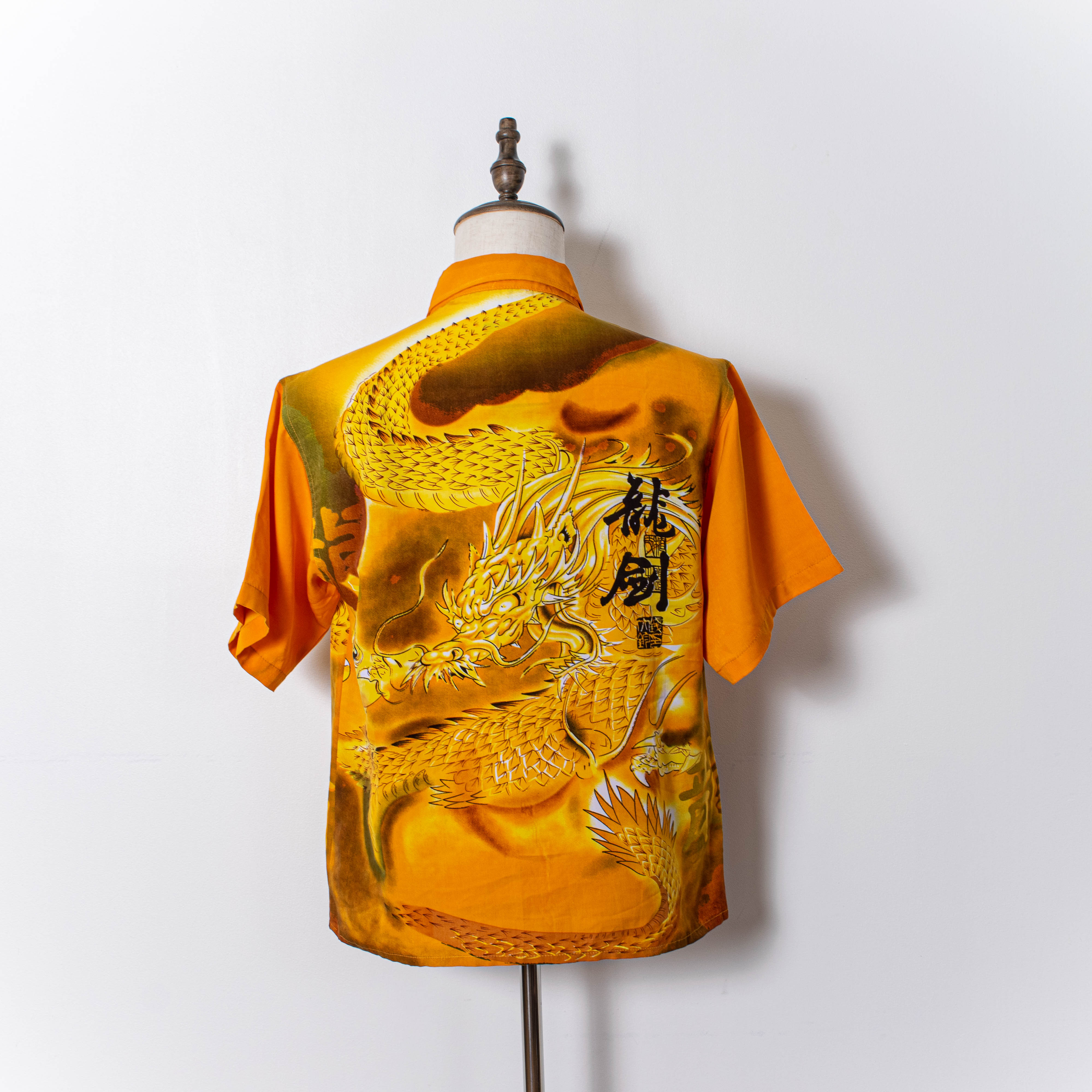 Vintage Orange All Over Dragon Sukajan Print Short Sleeve Button Up Shirt Mens S