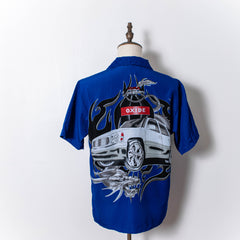 Vintage Xiner Blue Sukajan Oxide All Over Car Print Short Sleeve Button Up Shirt Mens S