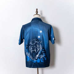 Vintage Jeanious Industry Blue Sukajan All Over Tiger Print Short Sleeve Button Up Hawaiian Shirt Mens M