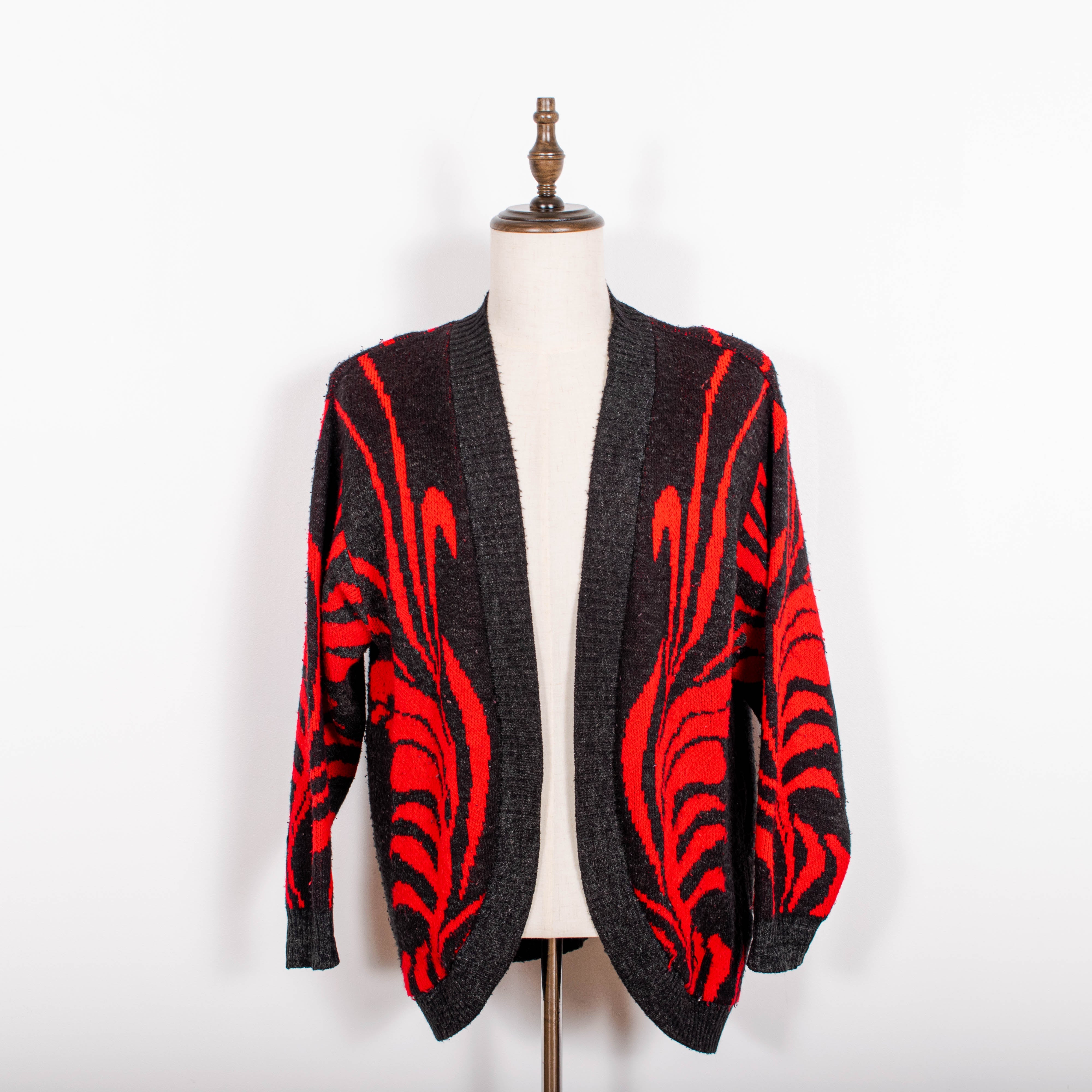 Vintage Black Red Abstract Wool Blend Cardigan Sweater Mens S