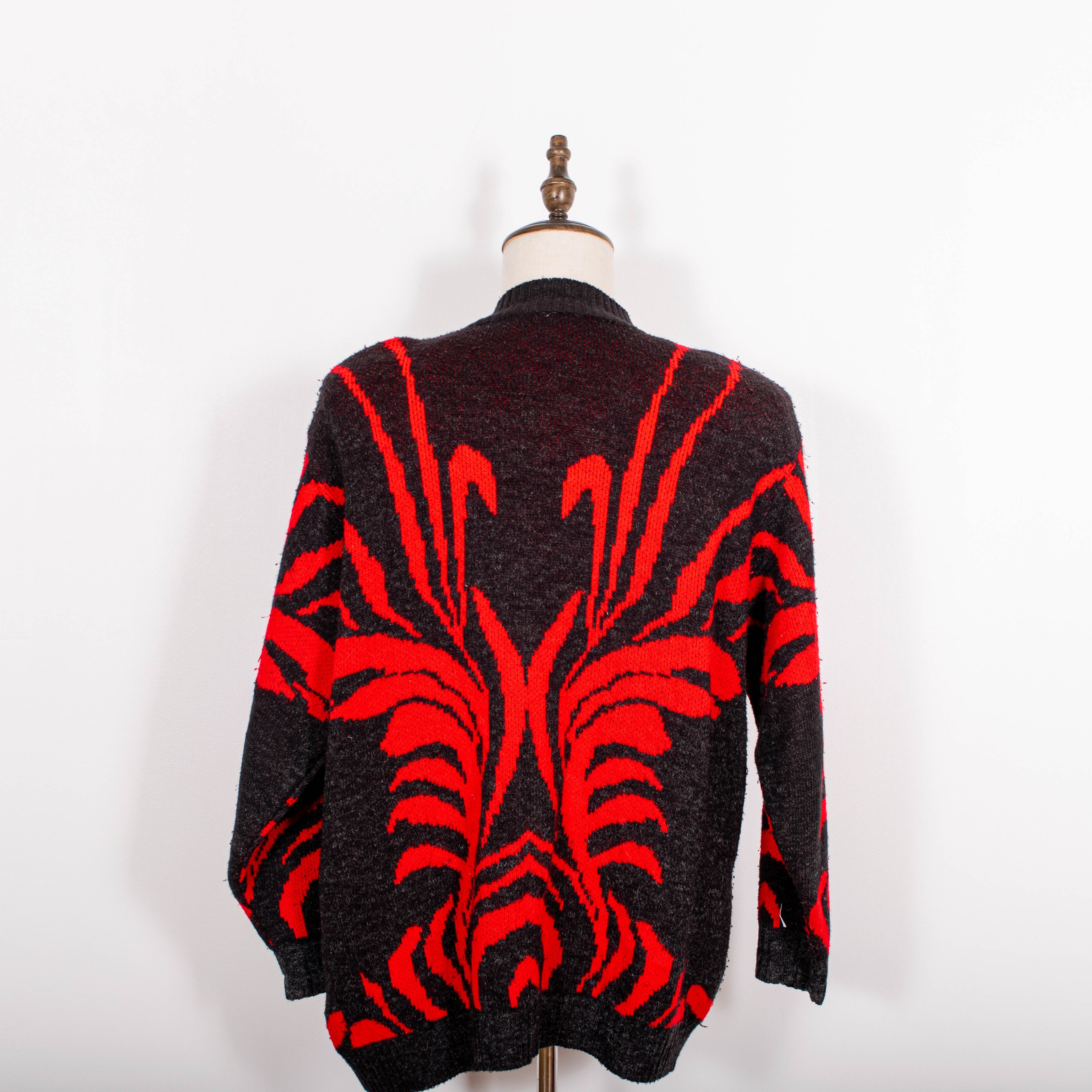 Vintage Black Red Abstract Wool Blend Cardigan Sweater Mens S