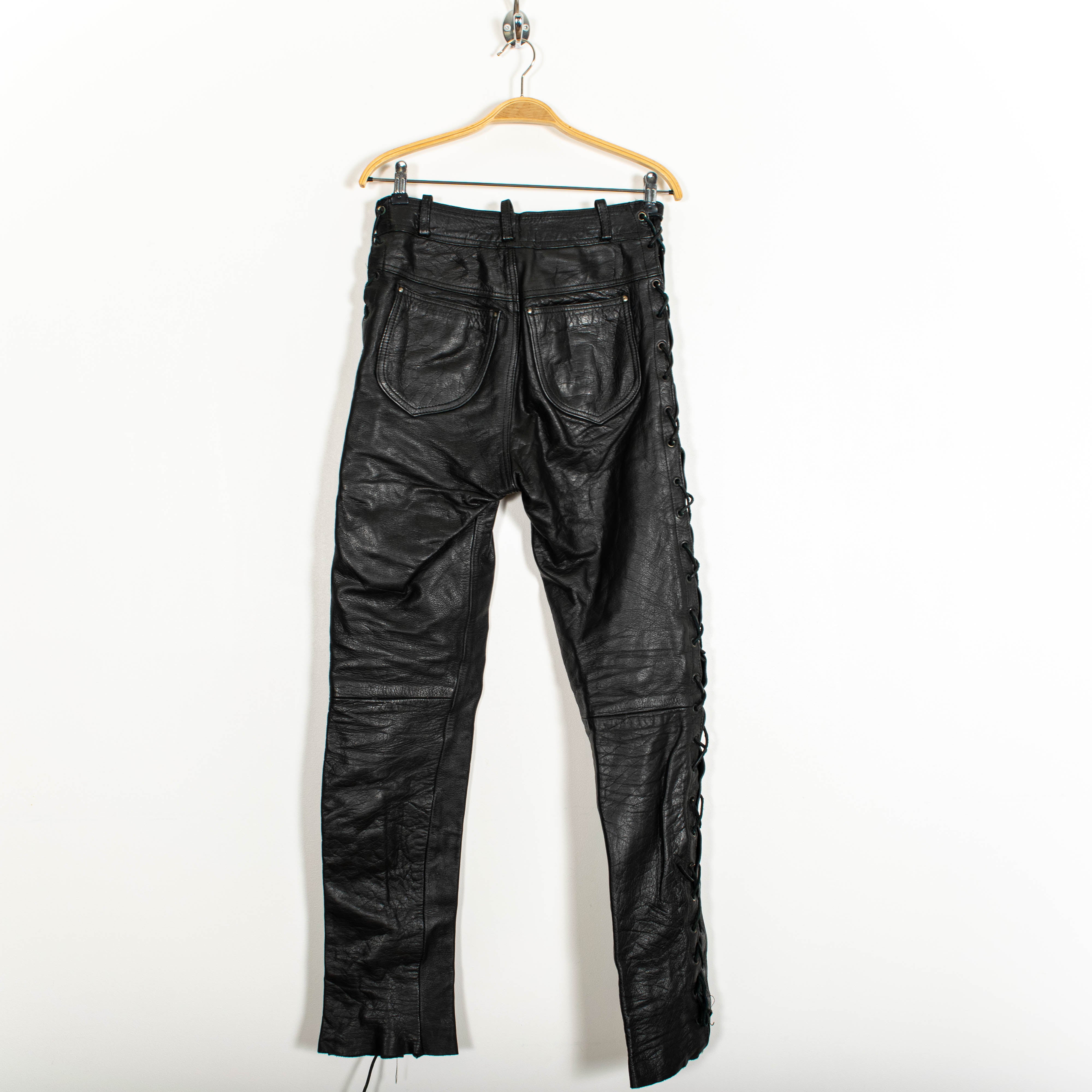 Vintage Black Leather Zip Up Side Strapped Slim Fit Pants Mens US29