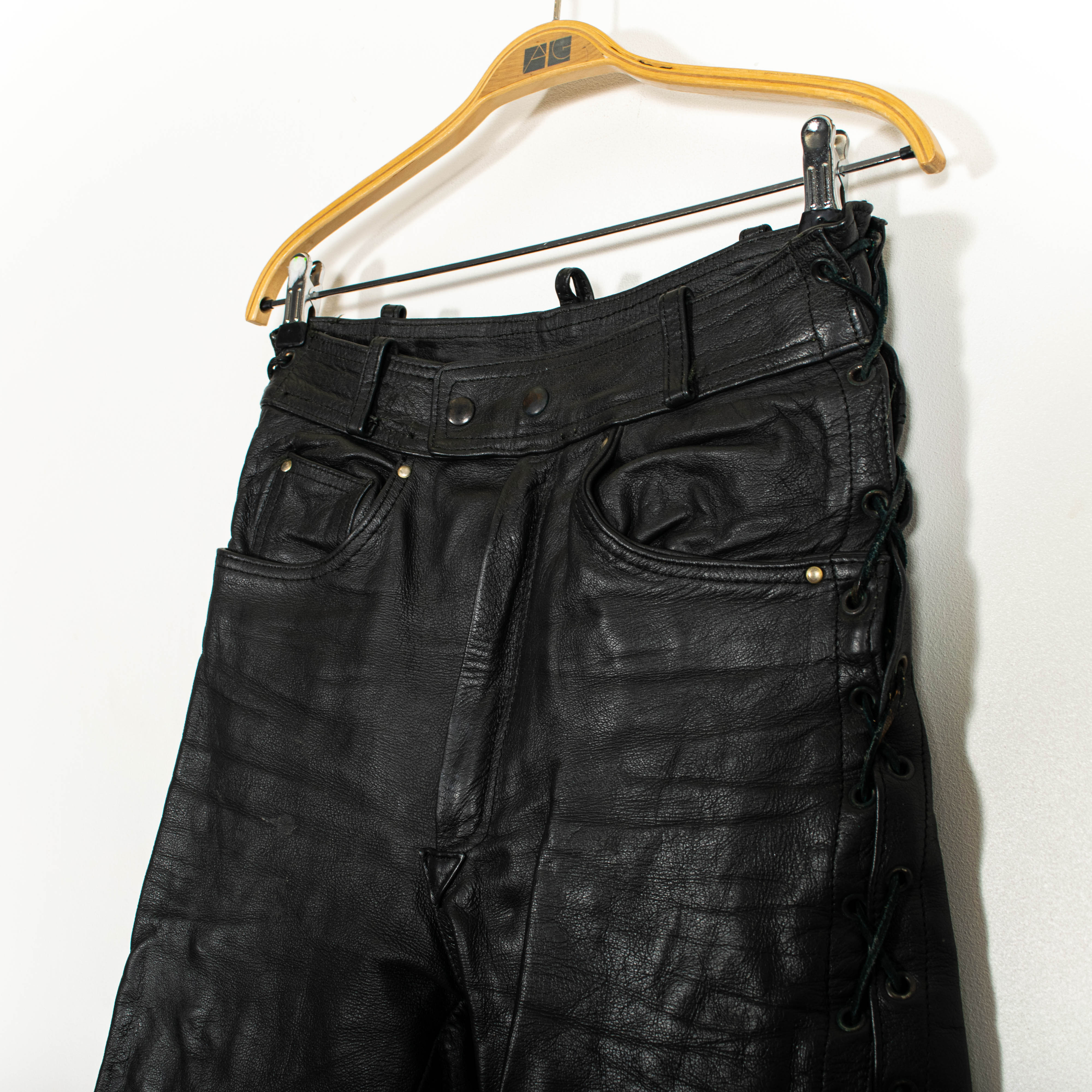 Vintage Black Leather Zip Up Side Strapped Slim Fit Pants Mens US29