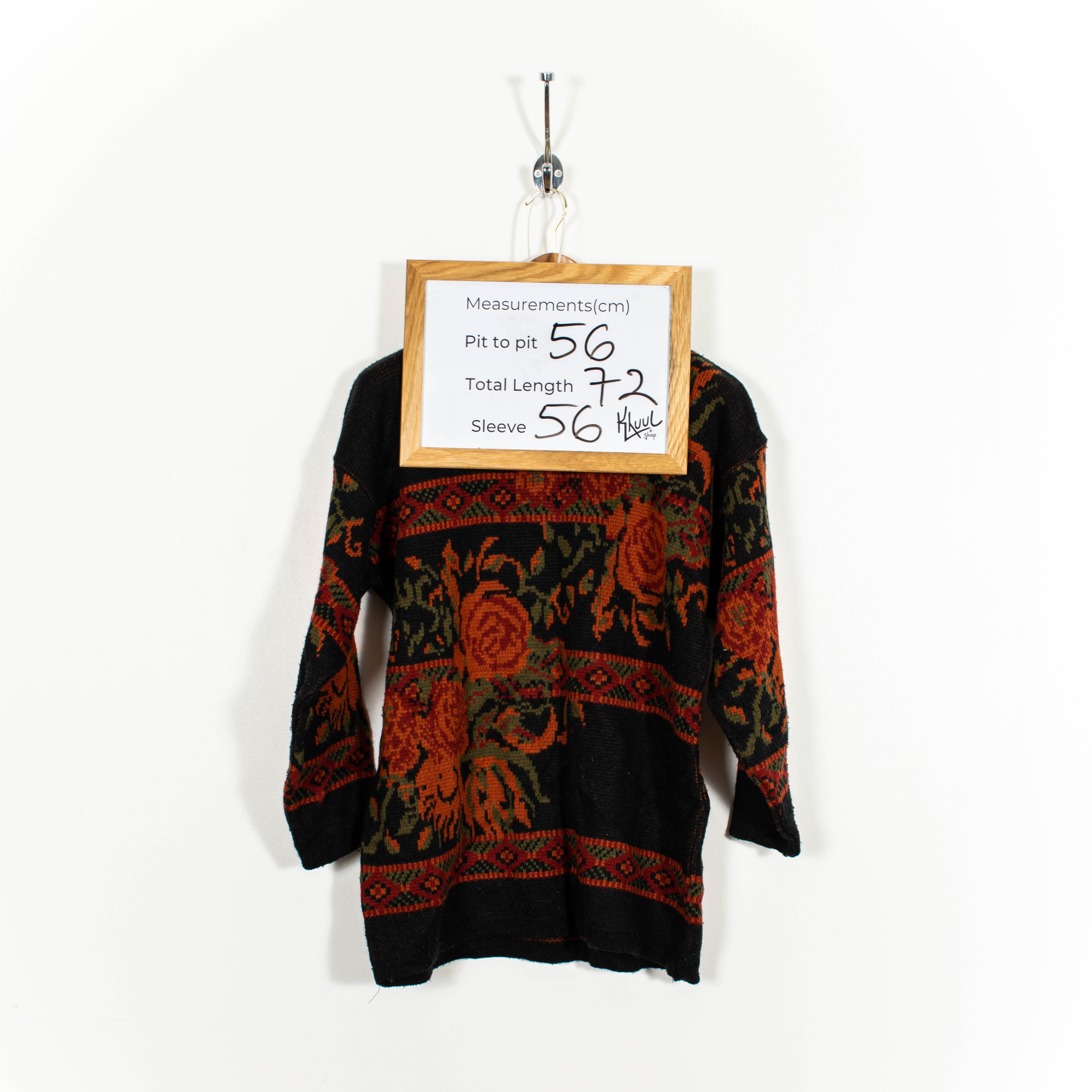 Vintage Black Wool Blend Pullover Knit Sweater Roses Floral Pattern Mens S