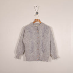 Shine Grey Button Up Sweater Floral Pearls Design Embroidery Angora Rabbit Wool Womens L