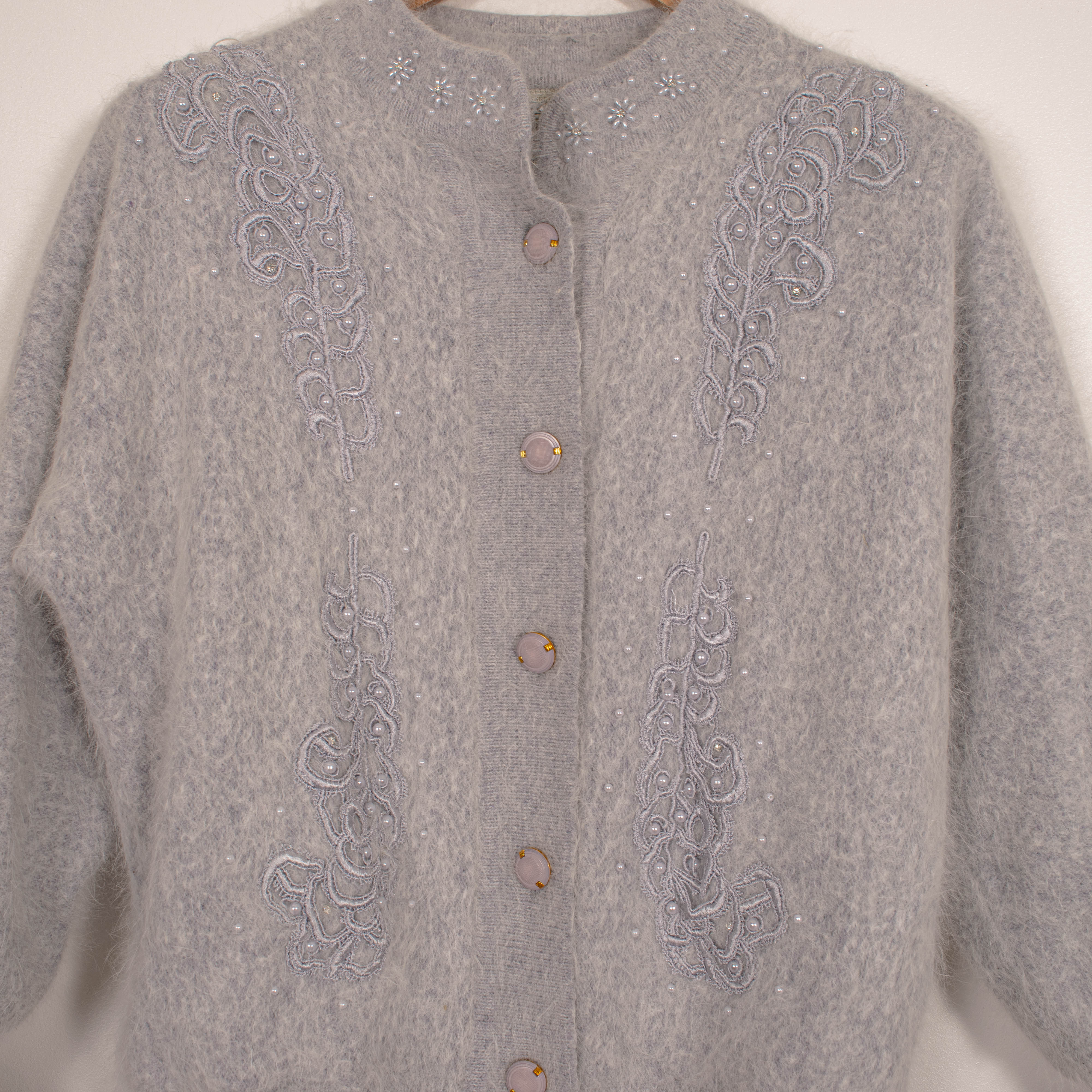 Shine Grey Button Up Sweater Floral Pearls Design Embroidery Angora Rabbit Wool Womens L