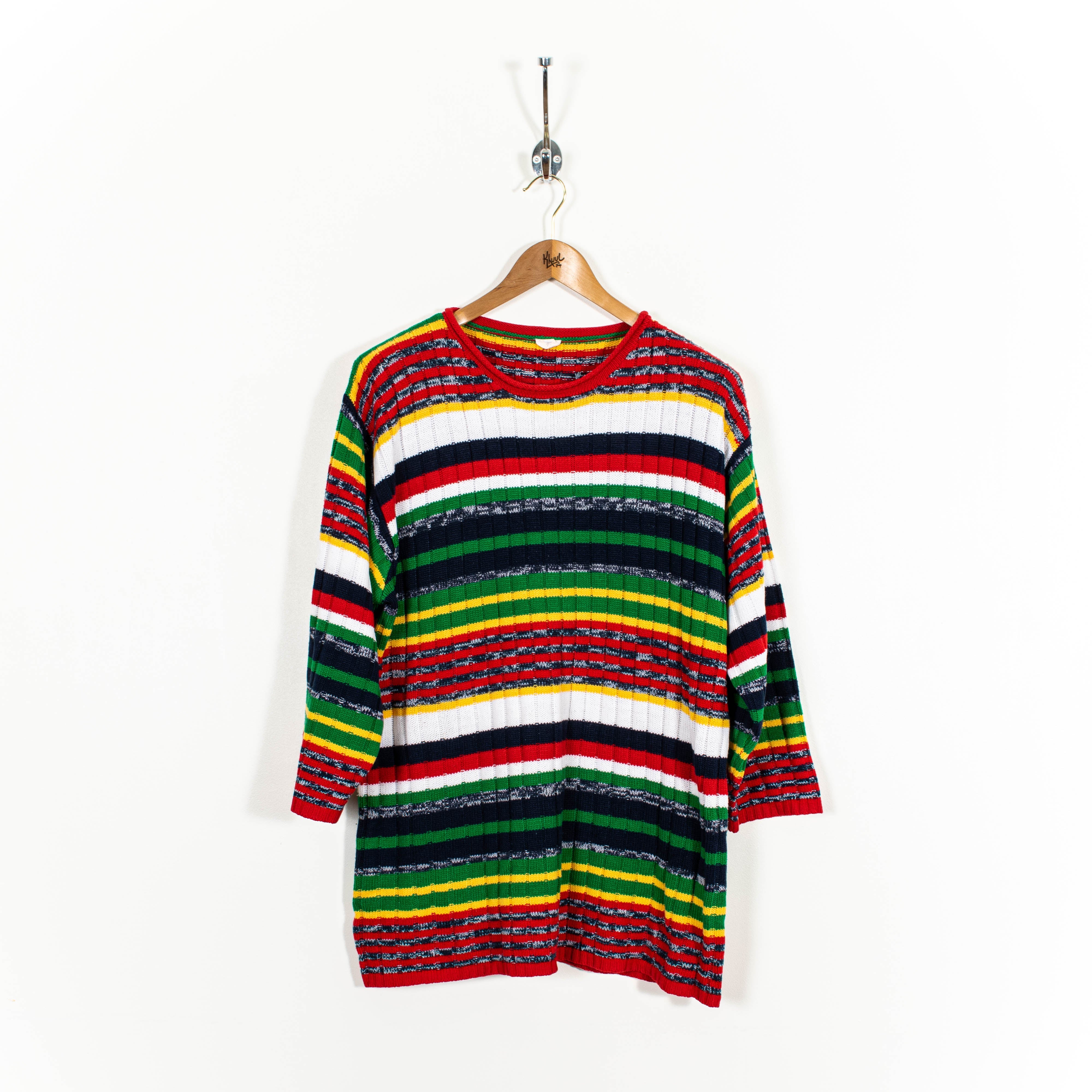 Vintage Multicolor Striped Pullover Knitted Long Sweater Womens XL