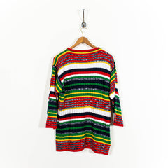 Vintage Multicolor Striped Pullover Knitted Long Sweater Womens XL