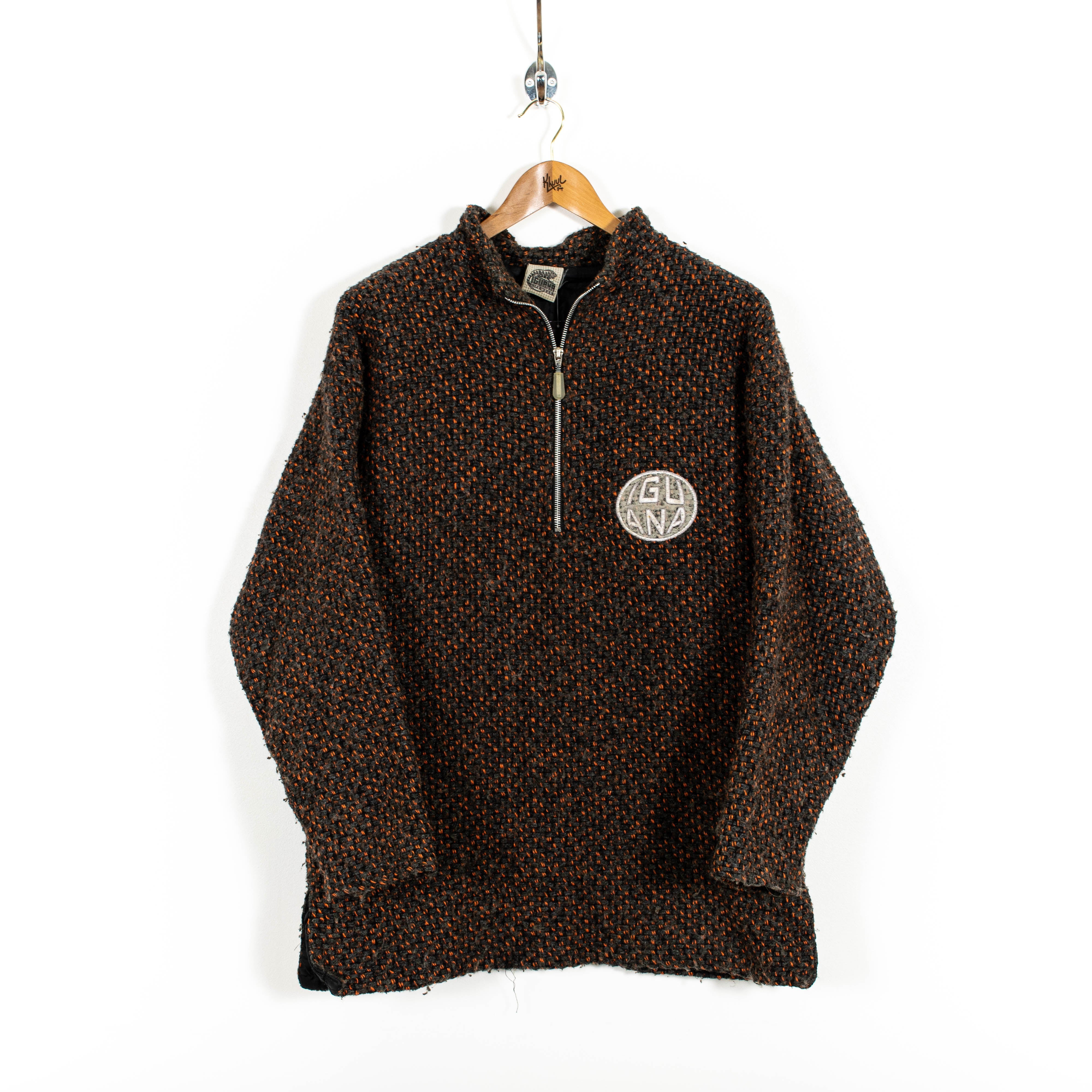 Vintage Iguana Brown Quarter Zip Pullover Wool Blend Sweater Logo Patch Mens XL