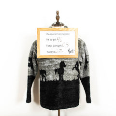 Vintage Grey Quarter Zip Horses Print Fleece Sweater Mens S