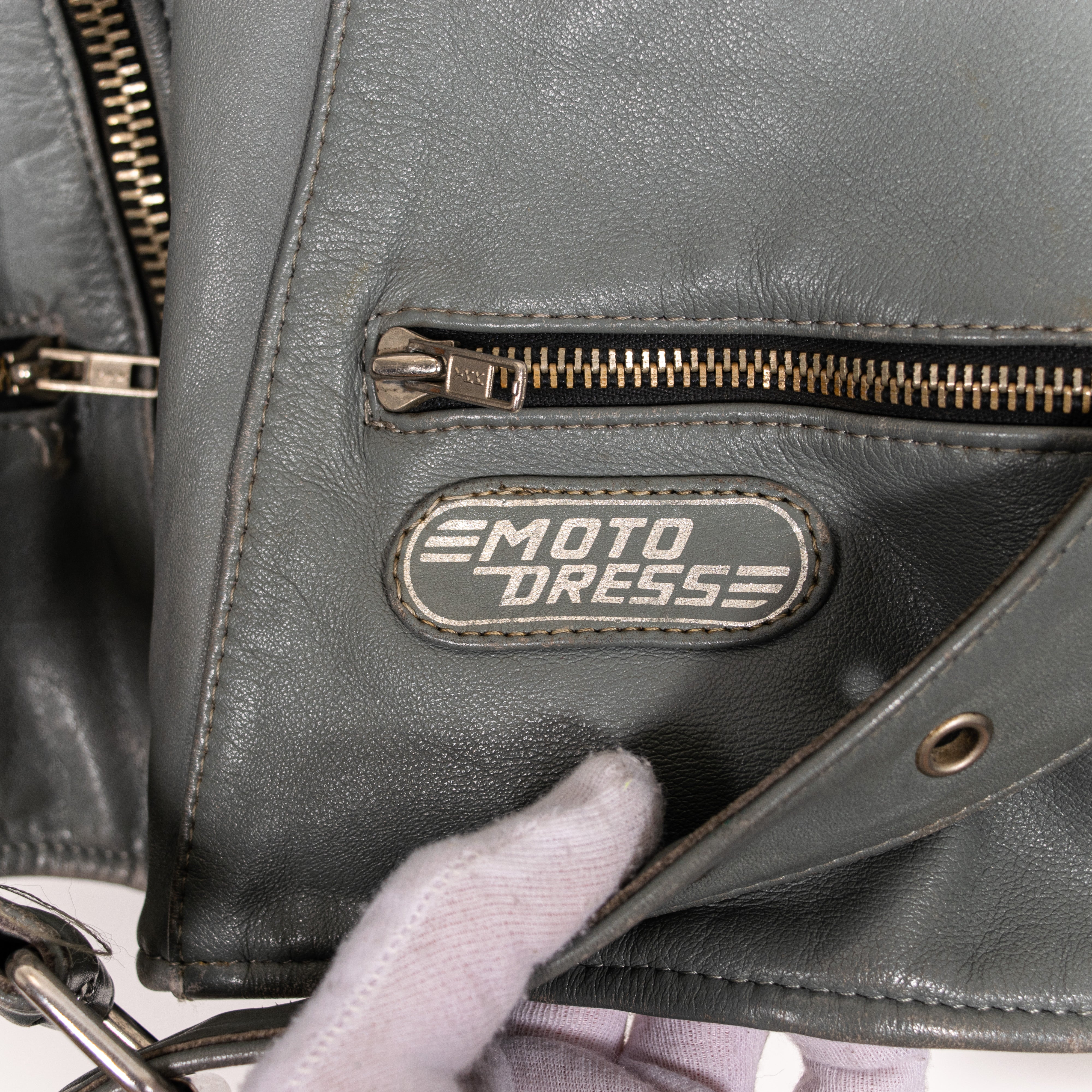 Vintage Genuine Real Bullhide Leather Grey Perfecto Moto Biker Jacket Men's L