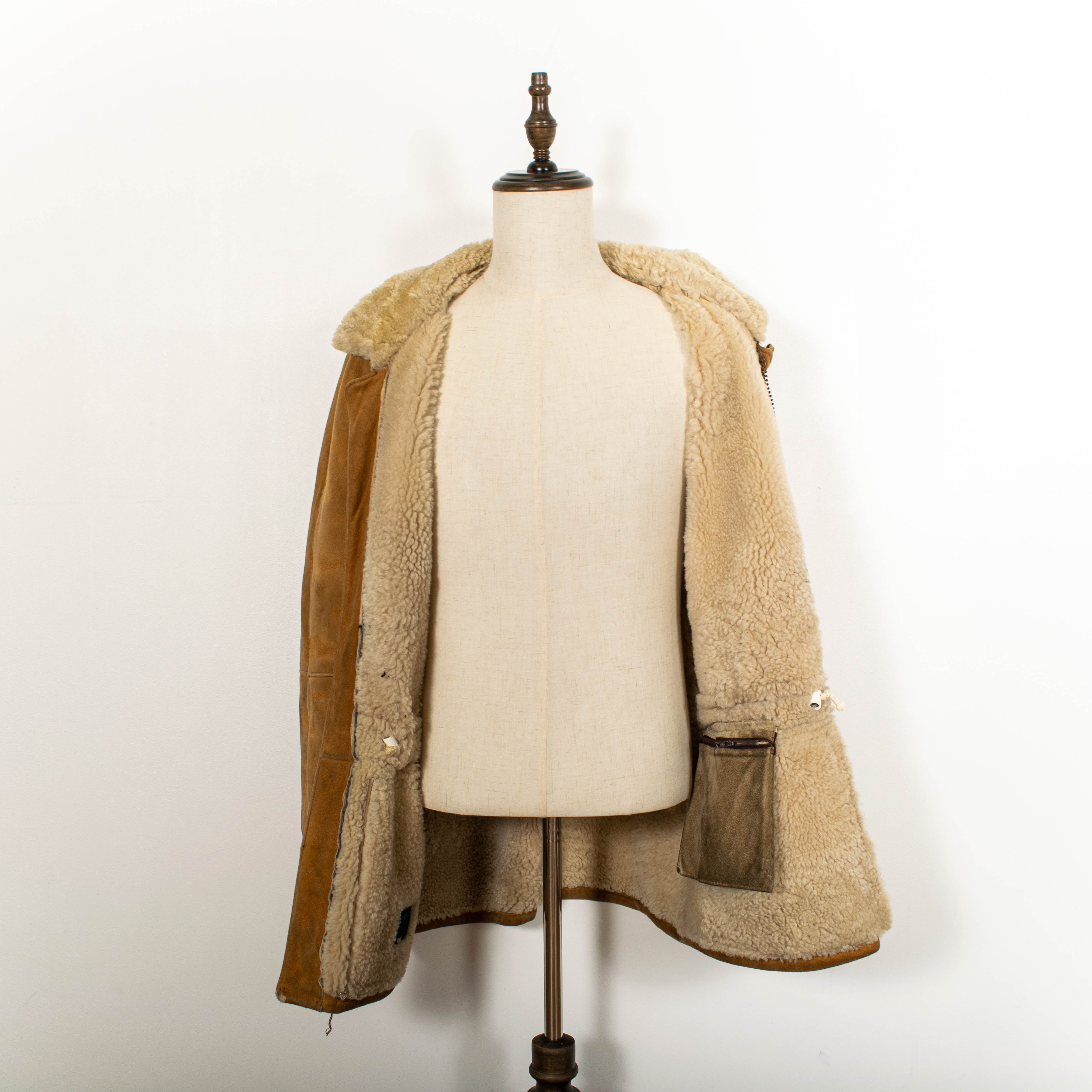Vintage Brown Leather Lambskin Shearling Zip Up Coat Womens M
